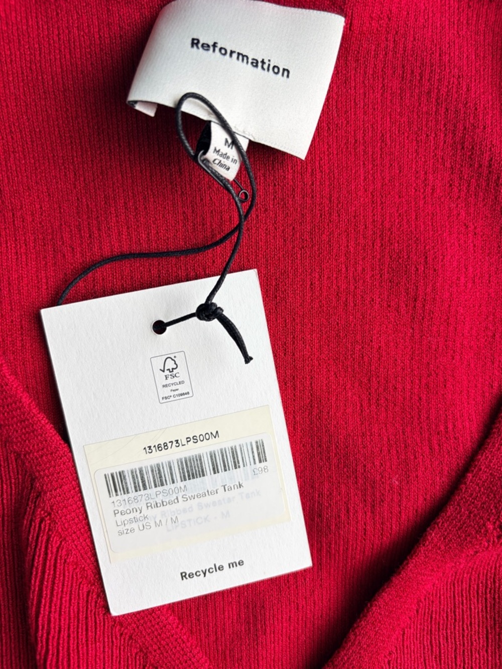 Reformation Red Ribbed V-Neck Tank Top - Picture 2 of 3